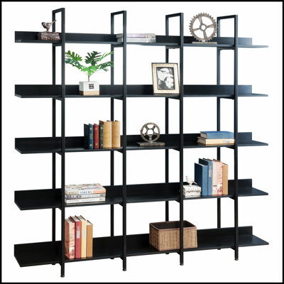 Étagère ouverte à 5 niveaux pour bureau à domicile, style industriel rétro avec structure en métal robuste et panneaux de fibres à densité moyenne pour un rangement efficace