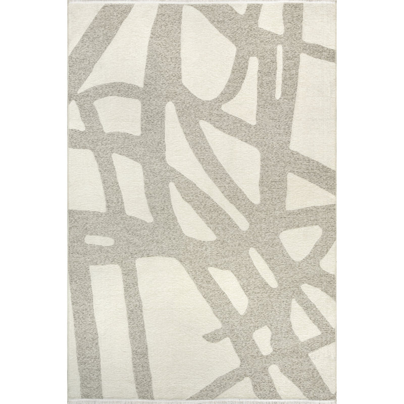 Cream Claude Abstract Fringed Reversible Machine Washable Area Rug, Rectangle 5'3" x 8'