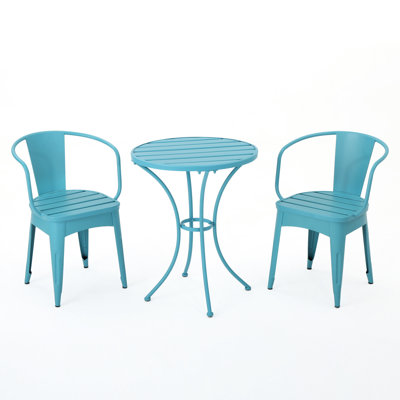 Blue 3 Pc Kd Metal Bistro For Outdoors. Powder Coated Iron, Strong. Chair: 18/30" H X 16.25/20" W 16.25/20.5" D. Table: 30" 24.98" D Furniture - Table & 2 Chairs, Water- Outdoor Lure, 18" Seat,