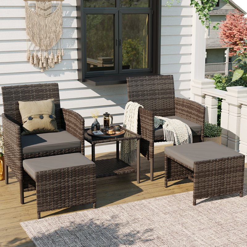 5 Pieces Outdoor Wicker Patio Conversation Set With Cushions And Ottoman, Gray Cushion/Gray Frame