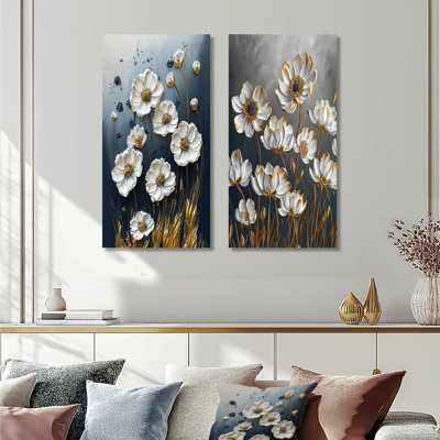 Cornflowers in White and Gold Tones I – Botanical Metal Wall Art Set of 2