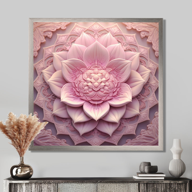 Mandala délicat de lotus rose I - Boho Mandala, Cadre simple argenté, H 24 po x l 24 po x P 1 po
