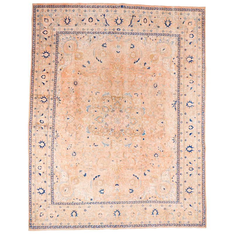 Tapis beige / bleu unique de 9 pi 7 po x 12 pi 2 po des années 1990