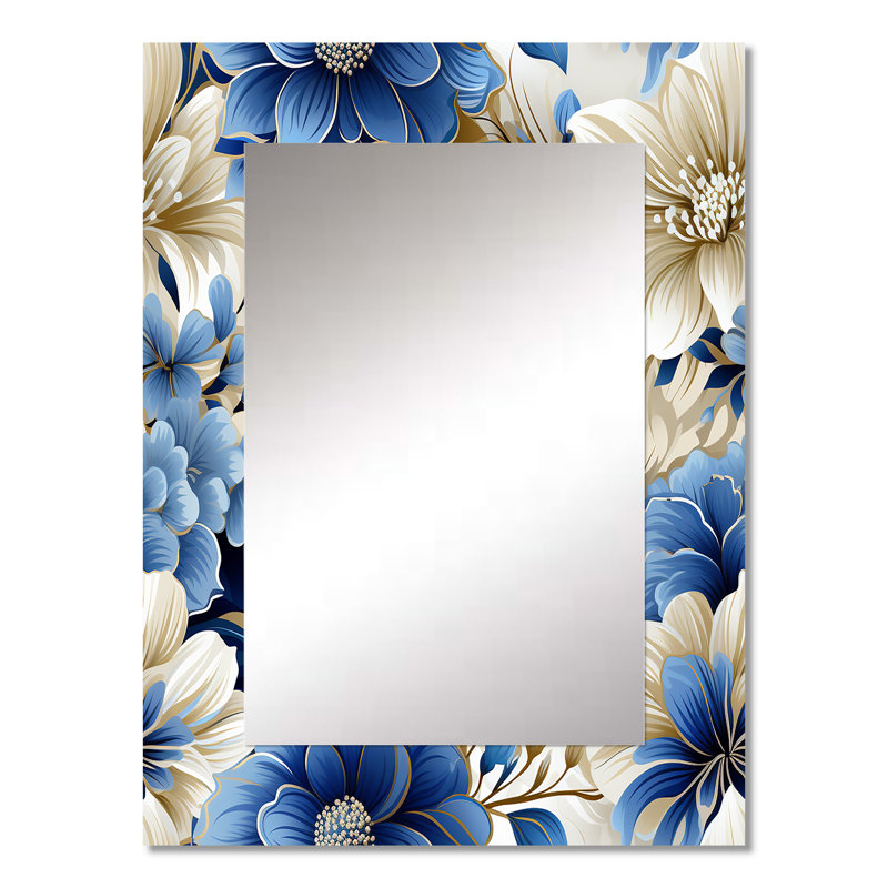 Stillmann Blue And White Flowers Harmony - Floral Large Mirror, Floral Unique Wall Mirror Decor, Printed Metal Art, 32" x 24"