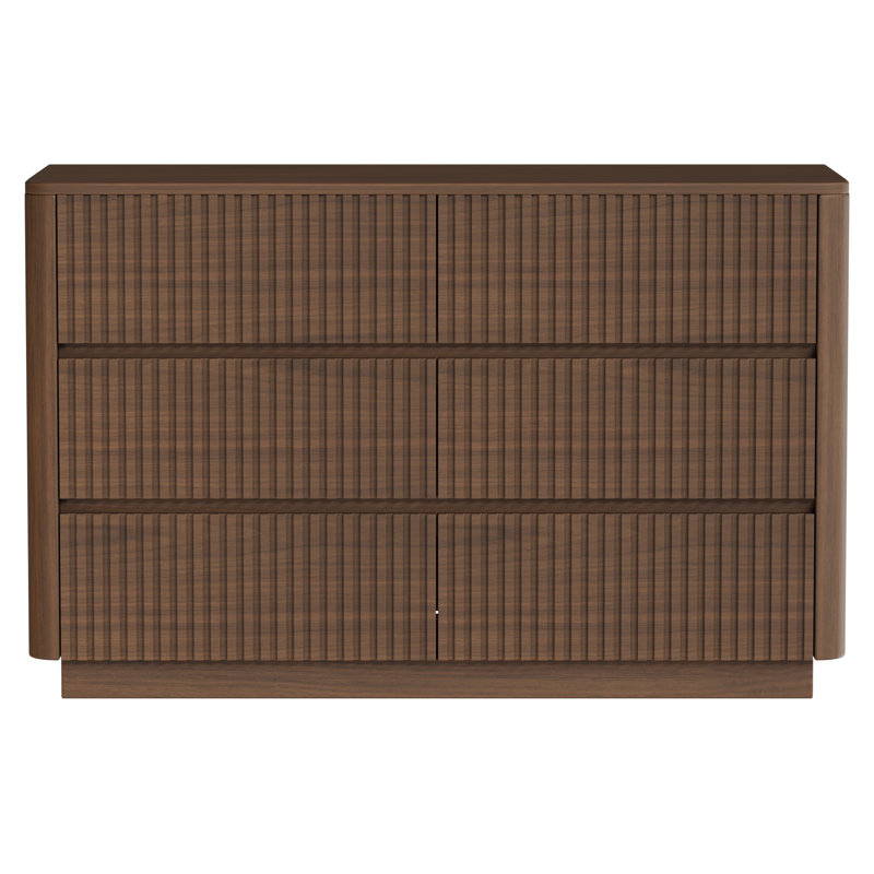 Carwell 47'' Mid-Century Modern Walnut Solid Wood 6-Drawer Storage Fluted Dresser Sideboard