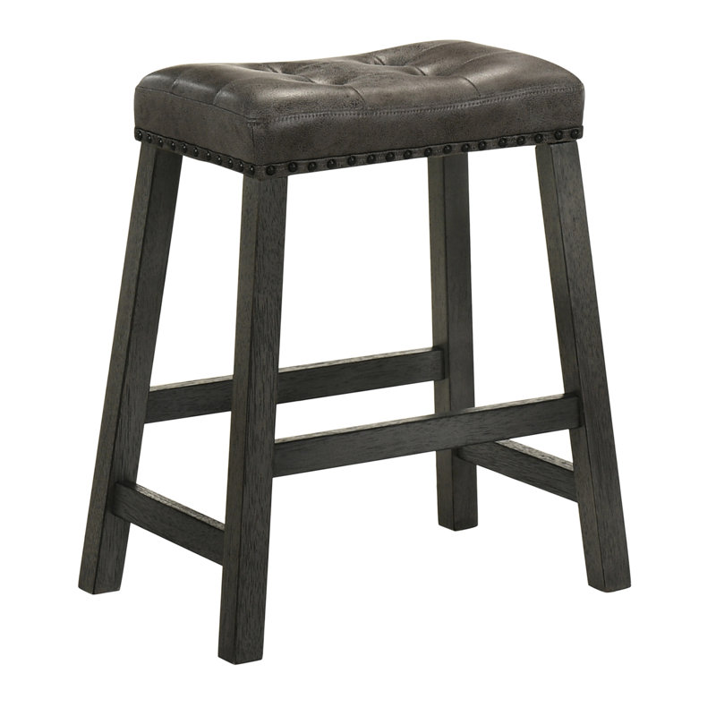 Rustic Backless Of 2, 25 pouces avec revêtement en cuir, cadre en bois vieilli et espace pour la salle à manger, siège de cuisine, finition, îlot de divertissement, sièges confortables