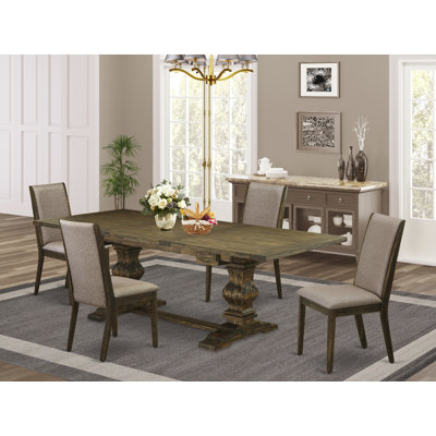 5 Piece Dining Room Table Set Includes a Rectangle Kitchen Table with Removable Leaf and 4 Dark Khaki Linen Fabric Parsons Chairs, Distressed Jacobean