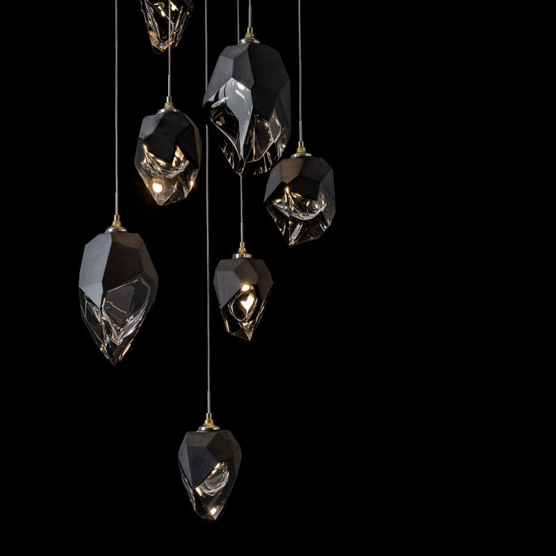 Chrysalis 9 - Light Cluster Geometric Pendant, Black Polished Crystal, Modern Brass, 15" - 80"