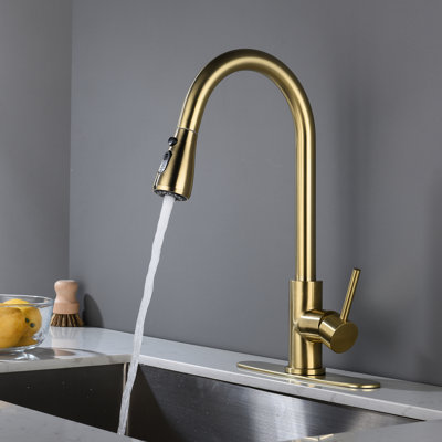 Single Lever Stainless Steel Kitchen Faucet With Pull - Out In Brushed Gold, Fitting A Wide Range Of Sinks, 360 Rotating High Arc Nozzle, Dirt Treatment, Aerators For Smooth And Splash Water Flow