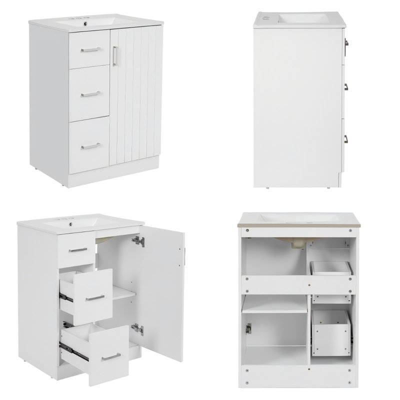 Meuble-lavabo moderne noir 24 po avec lavabo | 2 tiroirs et porte à fermeture douce pour les petits espaces, Blanc
