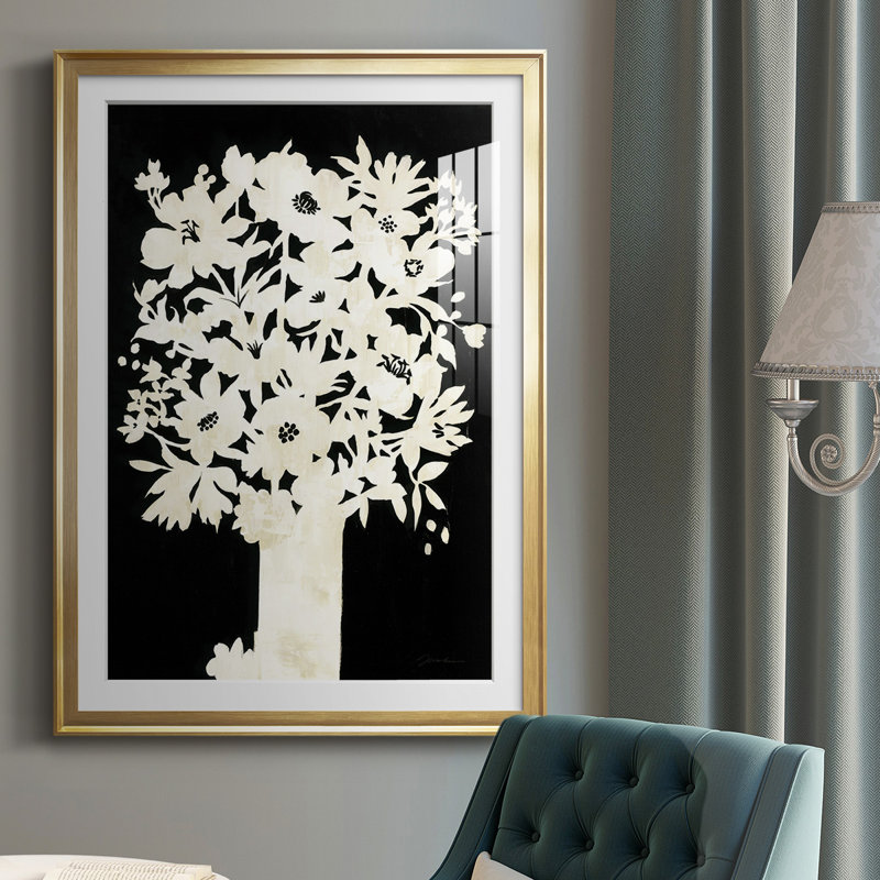 Floral Silhouette - Vintage Botanical Print, Matted and Framed Under Acrylic Glass, Living Room and Dining Room Wall Art