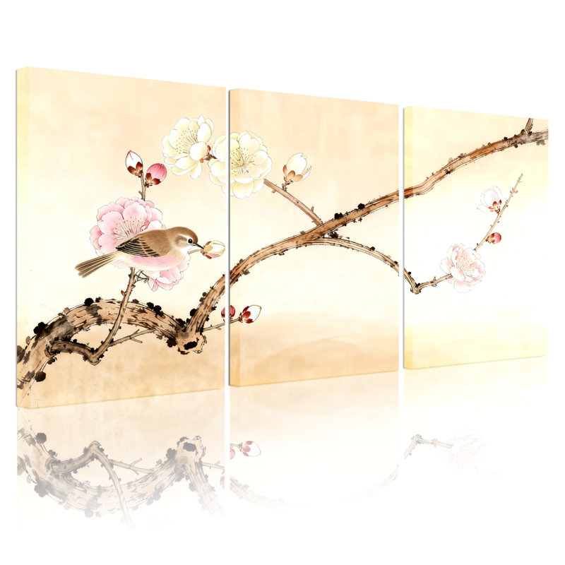 Birds Bird On Plum Blossom Branch Set of 3 Canvas Wall Art Prints, 18" H x 36" W