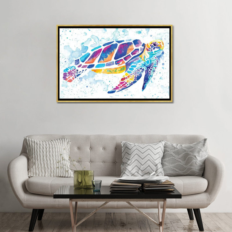 «Vibrant Sea Turtle» par Chelsea Goodrich - impression d'art graphique, Toile encadrée d'or, Aucun mat