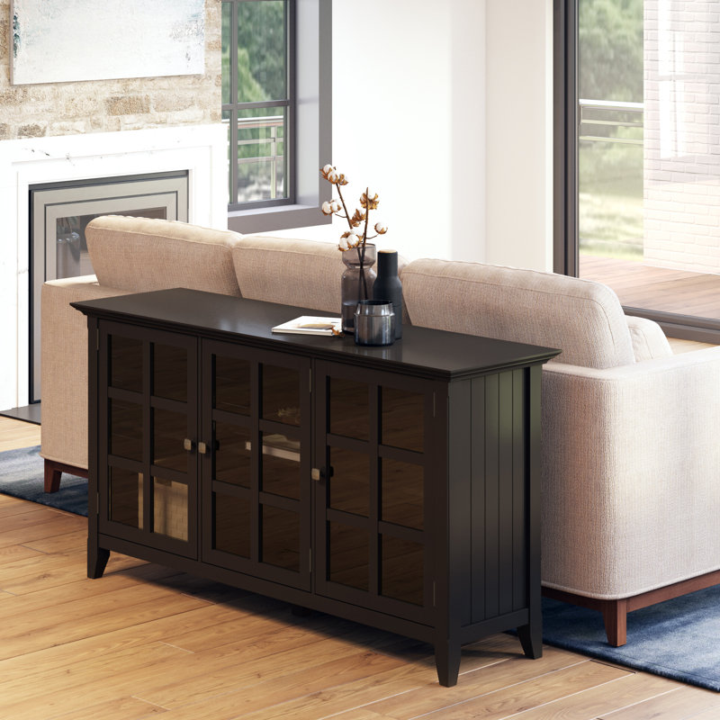Acadian 62"W Solid Wood Transitional Storage Cabinet with Glass Doors and Adjustable Shelves, Black