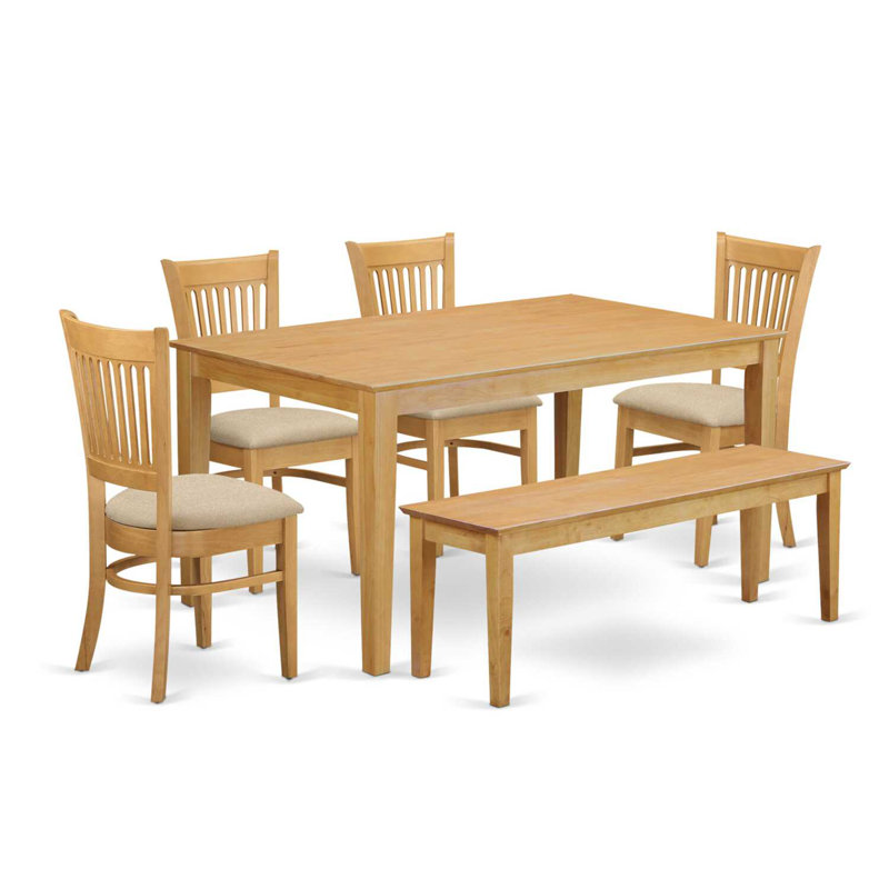 6 Piece Modern Dining Table Set Contains a Rectangle Wooden Table and 4 Linen Fabric Upholstered Chairs with a Bench, 36x60 Inch, Oak