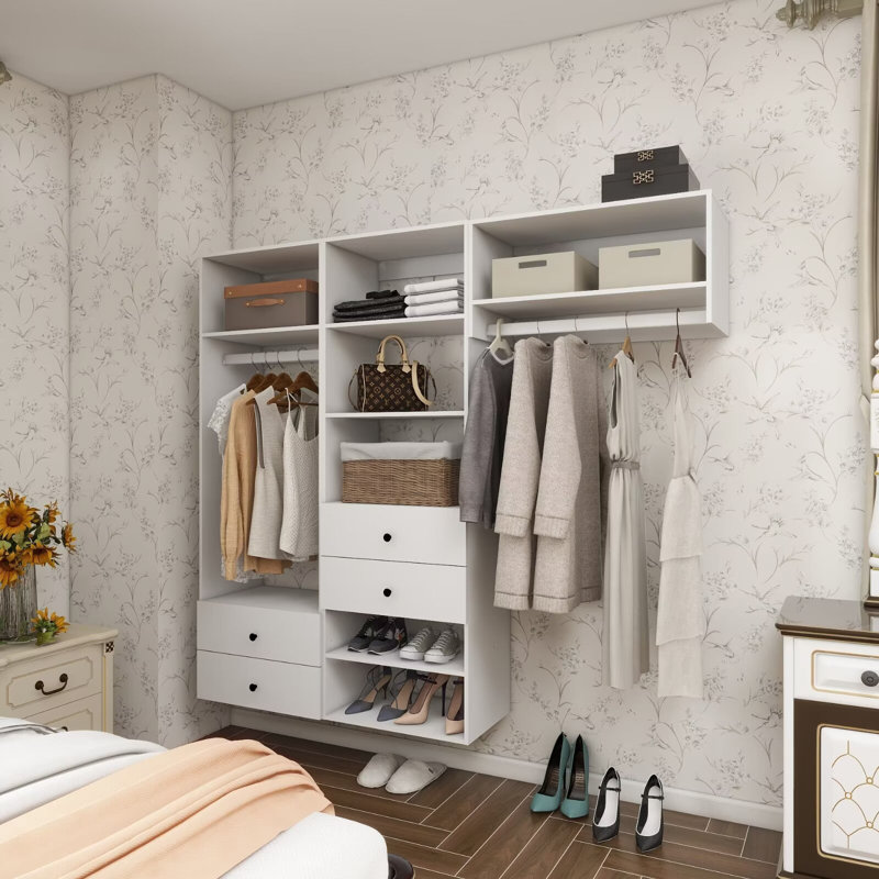 Système d'organisation modulaire blanc avec 2 tringles, 7 tablettes et 4 tiroirs