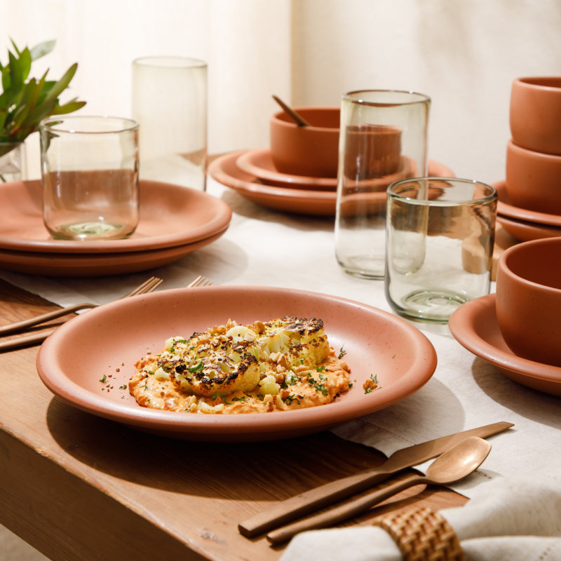 Bloomhouse Corcisa Clay 12 Piece Stoneware Reactive Glaze Dinnerware Set - Prosecco Blush Pink, Brown