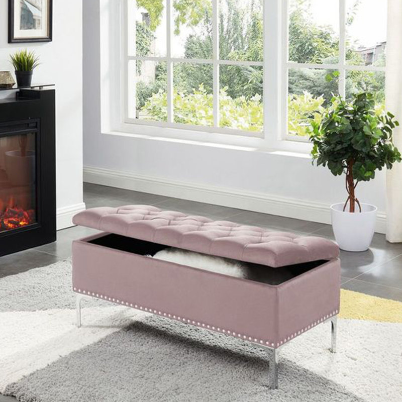 Banc de rangement en velours rose Marijona avec pieds en métal