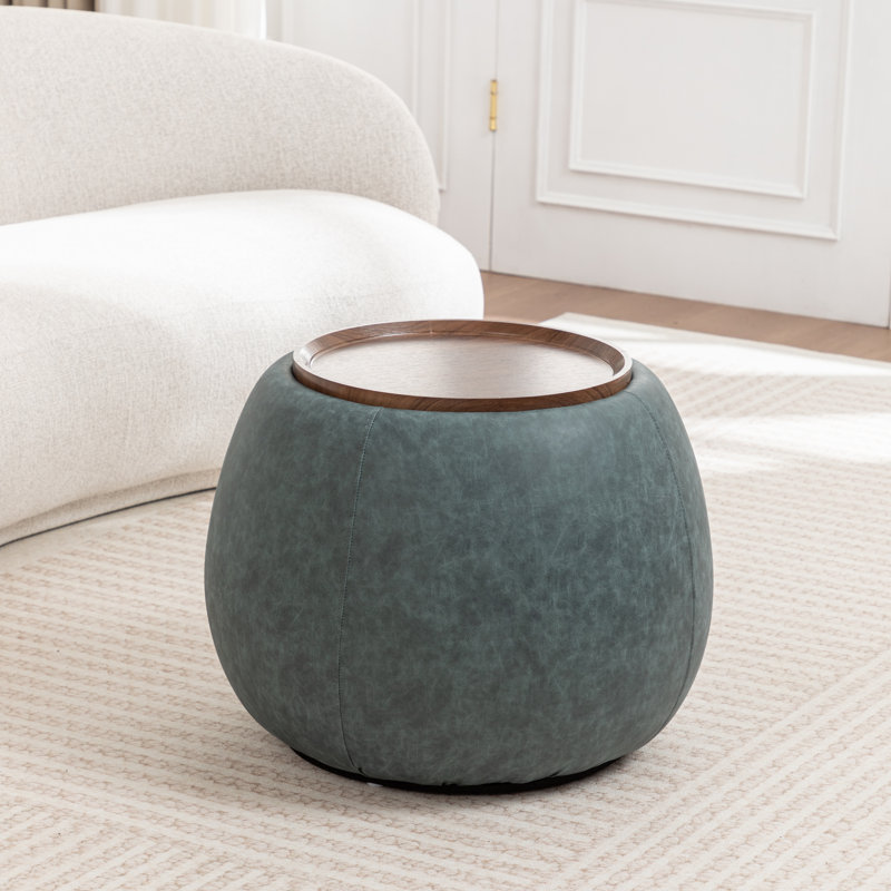 Repose-pieds de rangement rembourré avec plateau en bois Pietsch, Vintage Blue