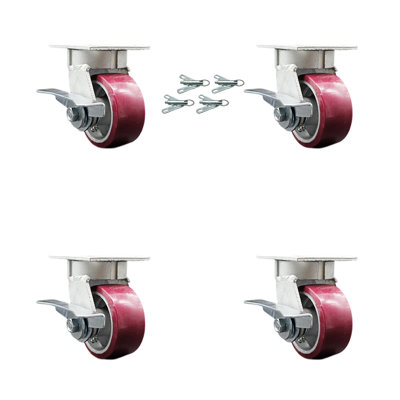 4 Inch Kingpinless Poly on Aluminum Caster Set with Brakes and Swivel Locks SCC