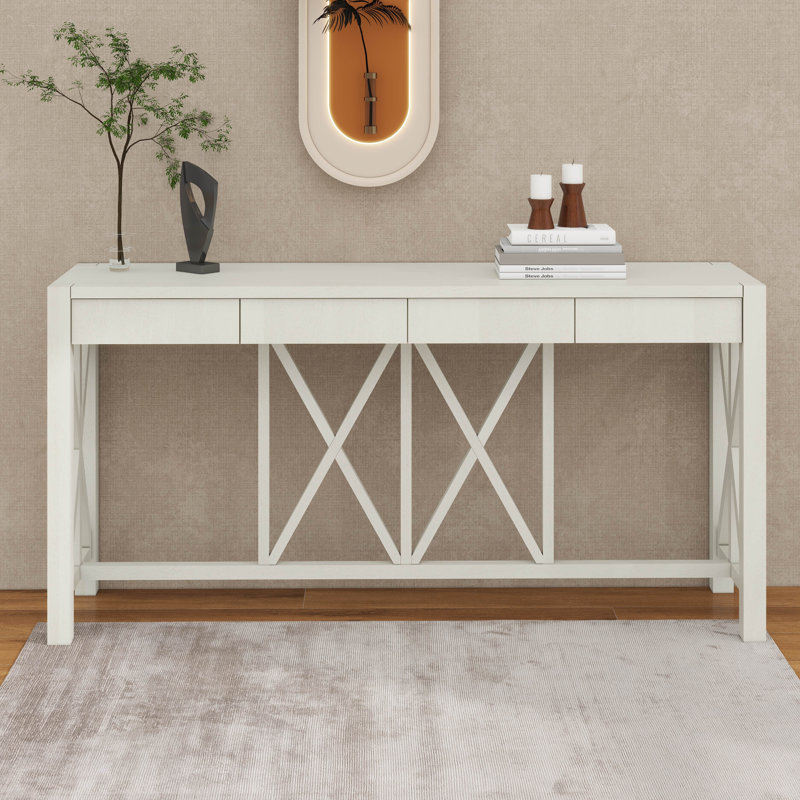 60'' Acacia Veneer Console Table With 4 Drawers, X-Design Entryway Table With Open Bottom Storage, Solid Acacia Legs, Beige