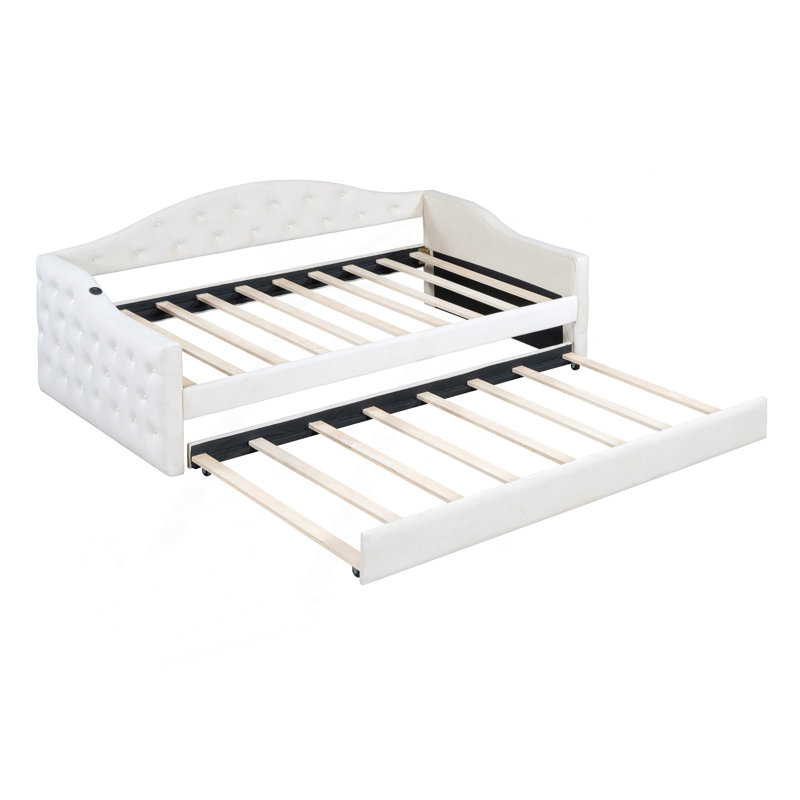 Twin Size Tufted Upholstered Daybed With Trundle ,Velvet Sofabed With USB&Type-C Charging Ports,No Box-Spring Needed, Beige
