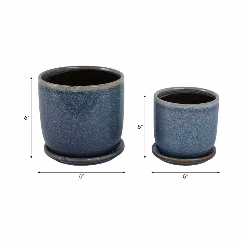 Modern Textured Ceramic Planter with Saucer, Blue, 2