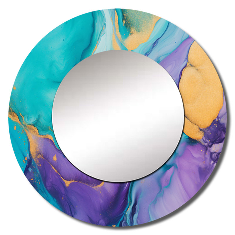 Shanden turquoise et mauve liquide Art I - miroir mural unique Fractals, miroir rond turquoise, impression sur métal