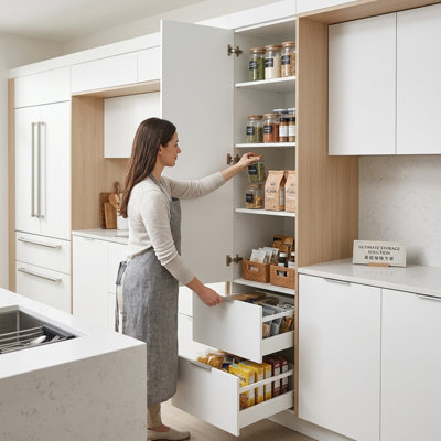 Armoire de cuisine blanche avec tablettes et tiroirs réglables