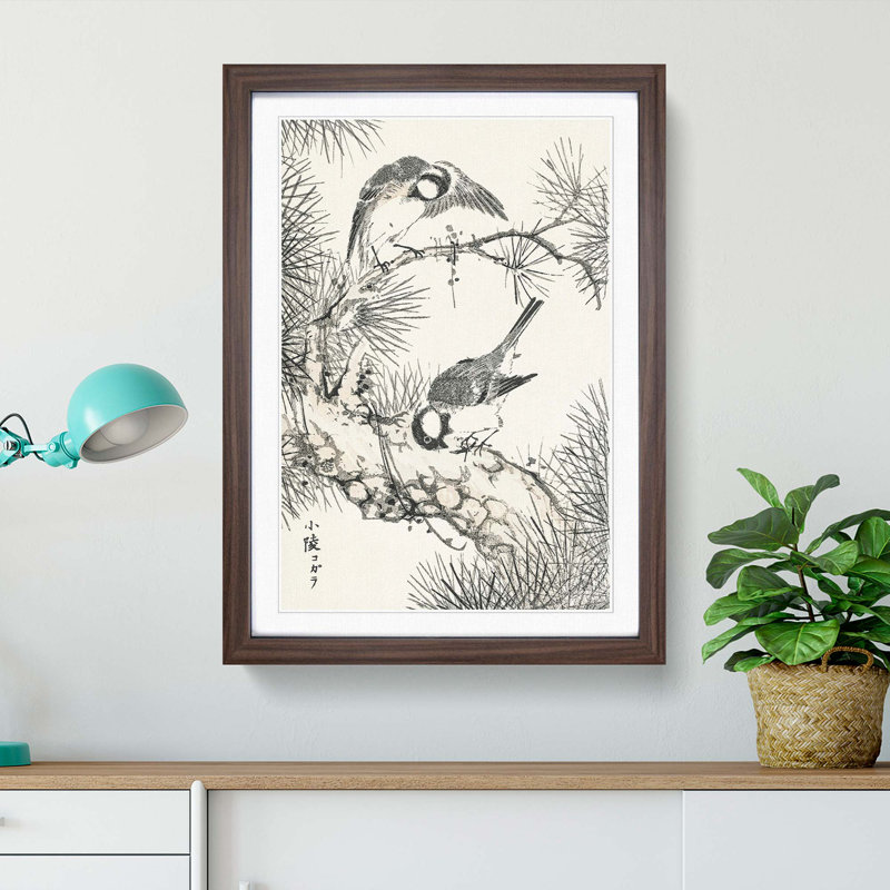Japanese Willow Tit Birds by Numata Kashu - Picture Frame Painting Print, Walnut, 76cm H x 50cm W x 2cm D