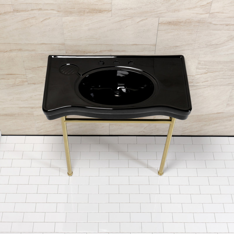 Kingston Brass Bristol 36-Inch Ceramic Console Sink with Stainless Steel Legs (8-Inch, 3-Hole), Black/Brushed Brass
