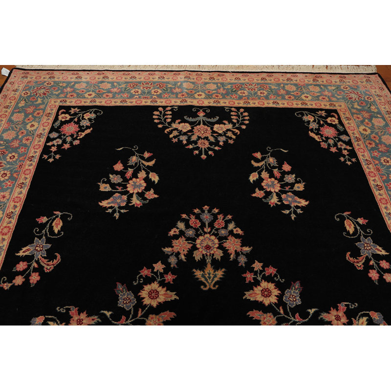 Tapis de surface en laine noir/aqua/beige 8 pi 3 po x 11 pi 5 po one-of-kind à la main noué la Eliseo