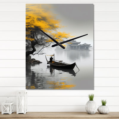Asian Art Yellow Boat Monochrome - Asian Wall Clock