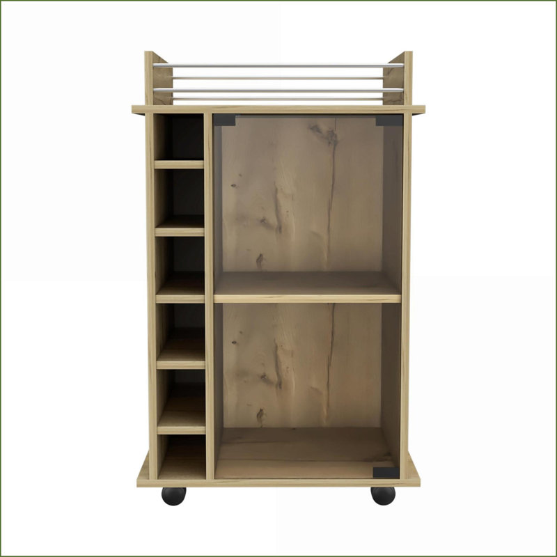 Chariot-bar à 3 tablettes et 6 bouteilles avec roues verrouillables, chêne clair | Bois manufacturé