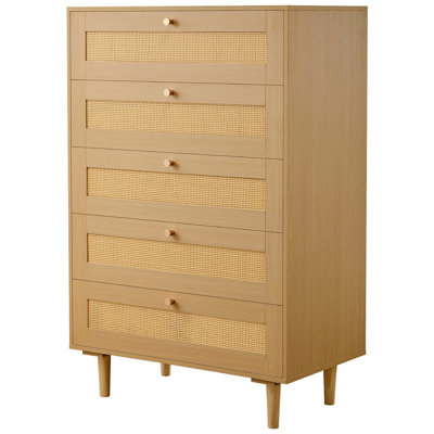 Commode 5 tiroirs en rotin, commode moderne, commode en rotin naturel avec poignées en métal et pieds en bois, rangement pour vêtements