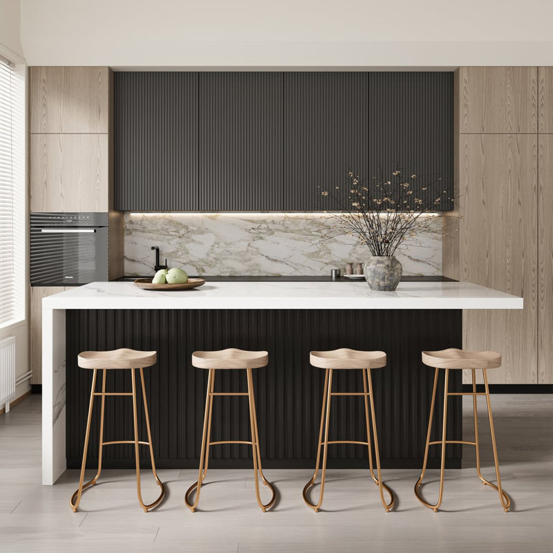 Îlot de cuisine 72 po avec rangement, armoire de cuisine avec coin salon et plateau en pierre frittée, Noir, Pierre frittée