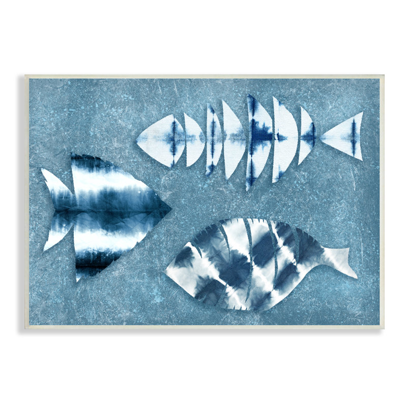 " Abstract Fish Silhouette Shapes Blue Tie Dye Pattern " by Ziwei Li, Coastal White Framed Giclee, 10" H x 15" W x 0.5" D