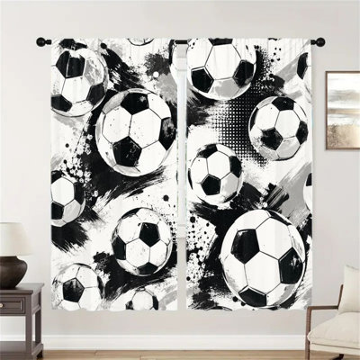 2 pièces de rideaux de motif de ballon de football, impression graphique moderne abstrait noir et blanc filtrant la lumière pour le salon, cuisine, jeu de jour, rideaux de fenêtre, décor, maison sur le thème du football