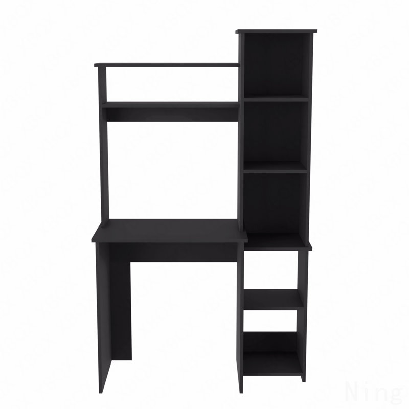 Bureau d'écriture noir avec deux tablettes supérieures et cinq casiers, Black