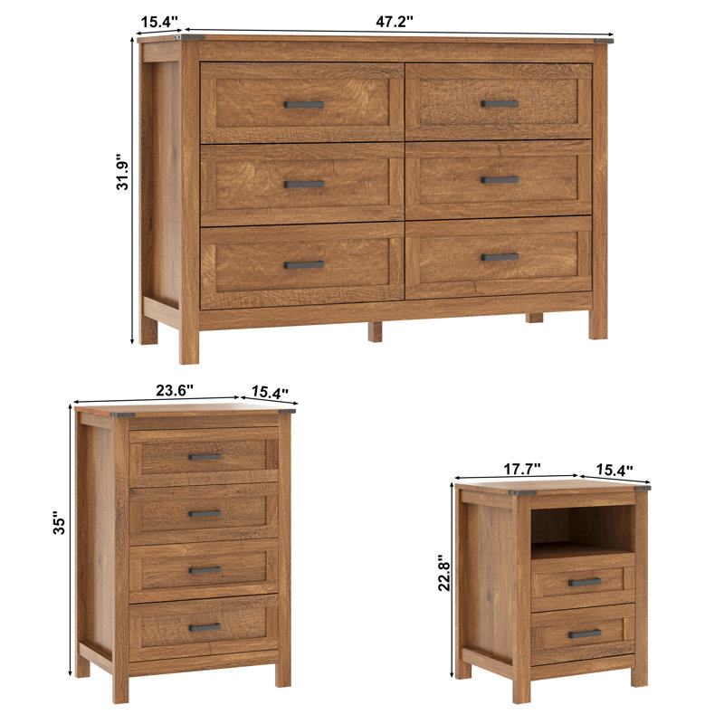L'ensemble de chambre à coucher 4 pièces Farmhouse comprend une commode 6 tiroirs, une commode 4 tiroirs et des tables de chevet, 2