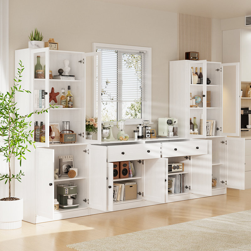 110.3'' Wide Modular Kitchen Pantry Cabinet with Bookcases,Soft Close Glass Doors and Drawers, Large Sideboard Buffet Storage System, White