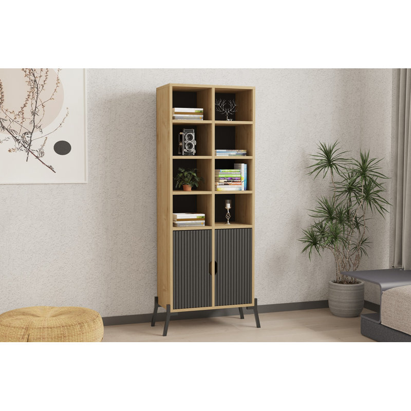 Bibliothèque industrielle avec pieds en fer, chêne saphir et anthracite, 23,0 x 63,0 x 11,8 pouces | Panneau de particules 100% enduit de mélamine, porte de revêtement en panneau de fibres à densité moyenne durable | Nombreuses tablettes pour un rangement supplémentaire