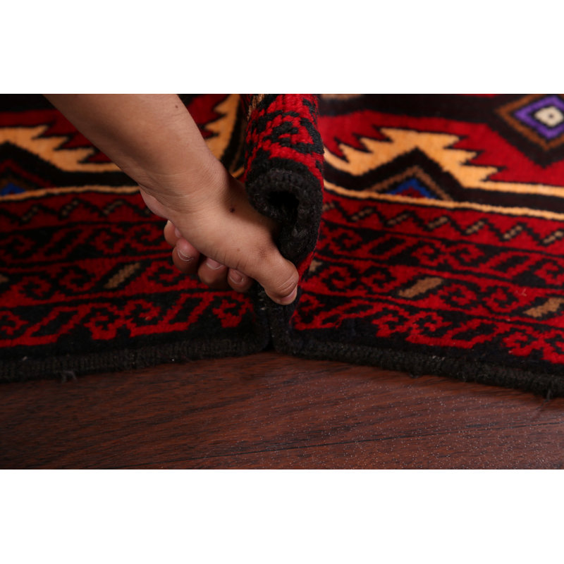 Tapis rouge / jaune en laine nouée à la main de conception unique 3 pi 5 po x 5 pi 11 po nouvel âge Balouch