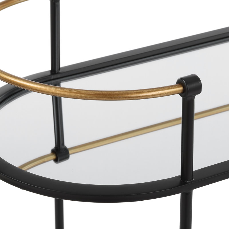 Oval Black Iron Bar Cart with Mirrored Shelves