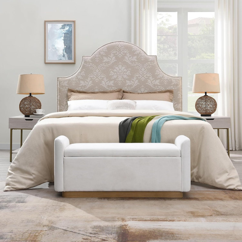 Banc de rangement moderne en velours de 50 po avec charnière de sécurité et détails dorés, Beige
