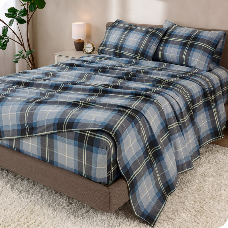 Ensemble de draps 100% flanelle de coton, Ensemble de draps pour lit simple TG avec 1 taie d, Tissu écossais Symphonie Bleue