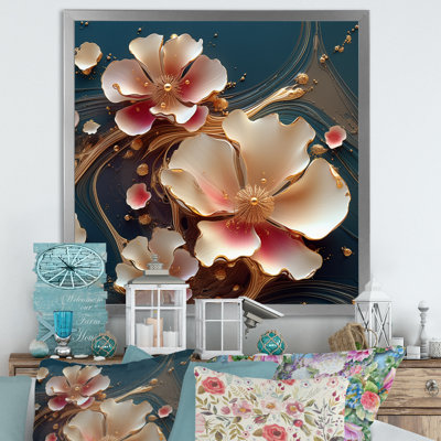 «Blooming Pink Magnolia Abstract Flower On Blue», reproduction sur toile