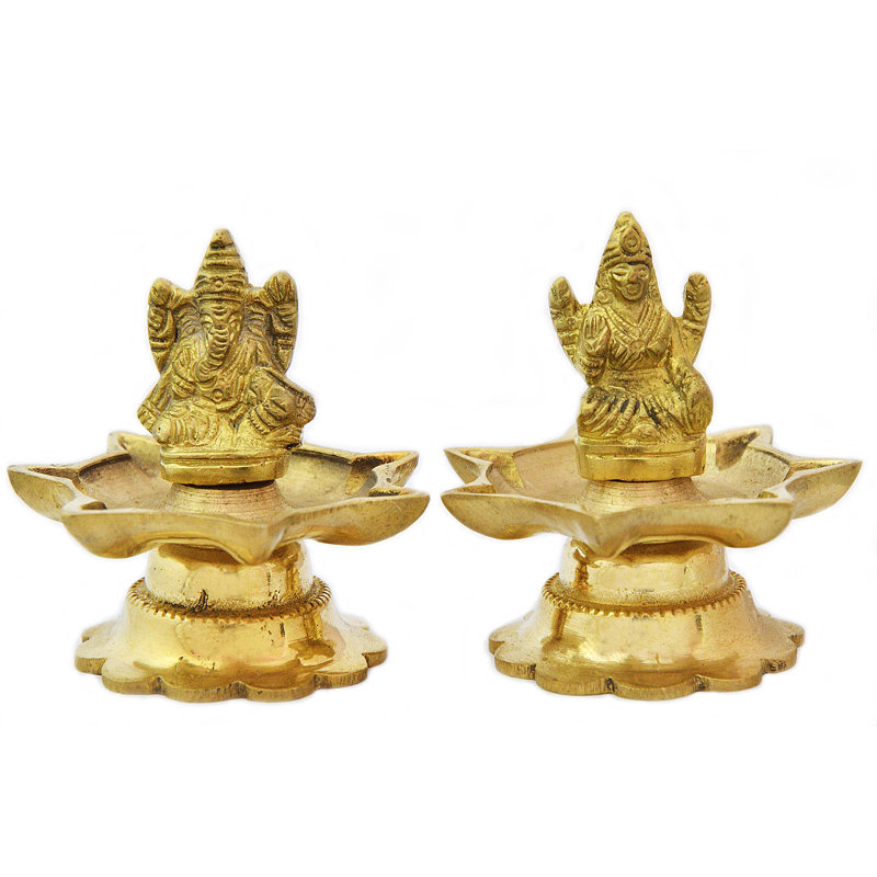 Paire de lampes Ganesha Lakshmi de 3 po en laiton fabriquées à la main - ensemble de diy fonctionnel et déesse de la prospérité, lampe à huile traditionnelle