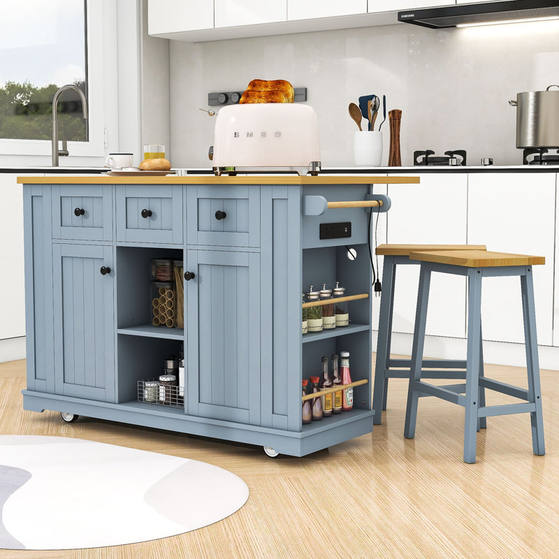 Kitchen Island Set with 2 Bar Stools, Integrated Power Outlets and Expandable Storage, Gray Blue