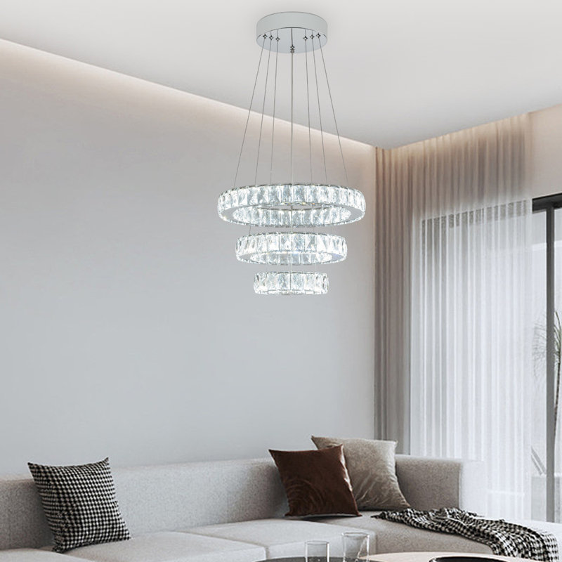 Lustres 33W à DEL intégrés, plafonniers en cristal en acier inoxydable, anneaux suspendus